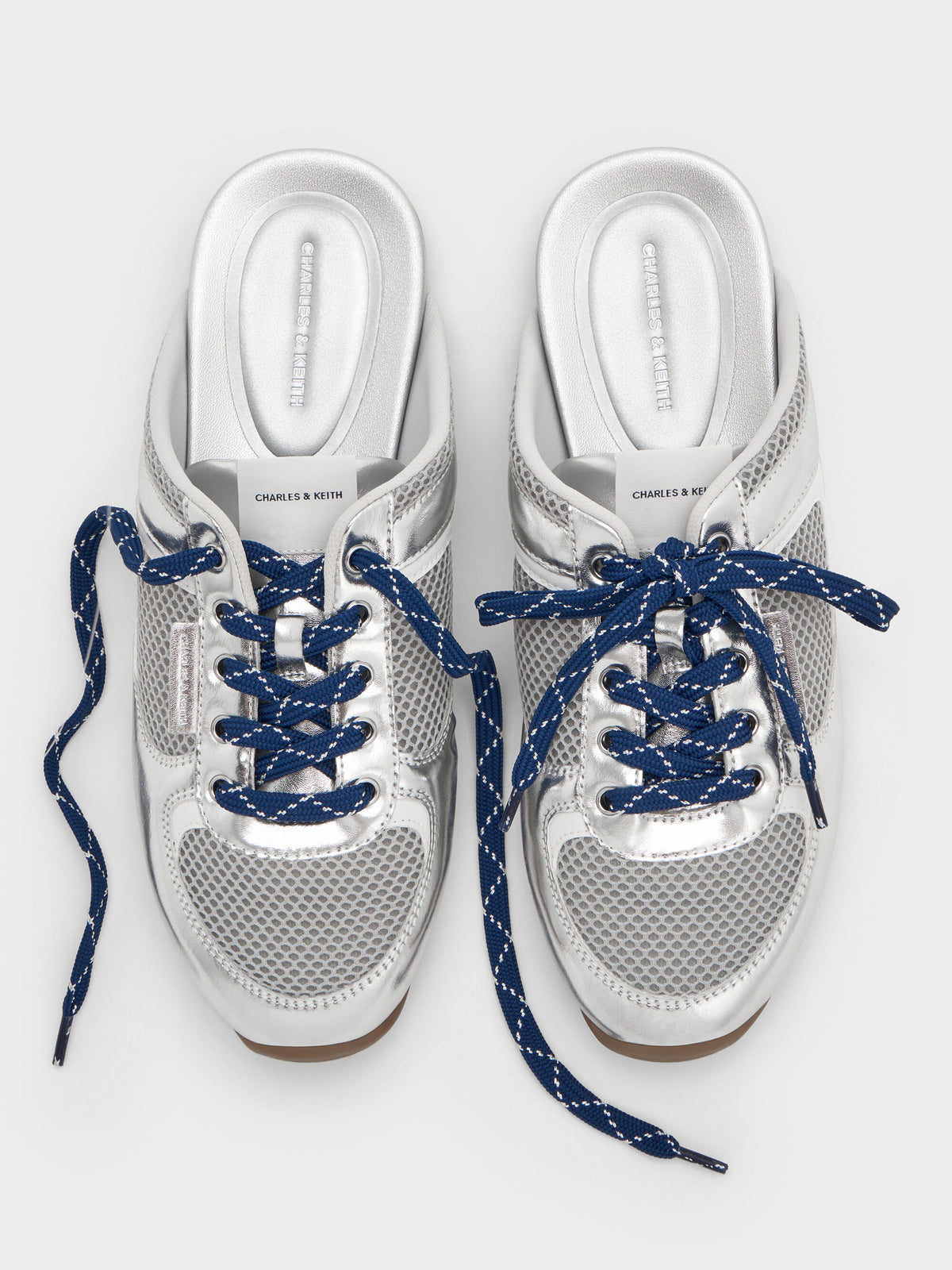 CHARLES & KEITH Premium | Metallic Mesh Lace-Up Sneaker Mules - Silver