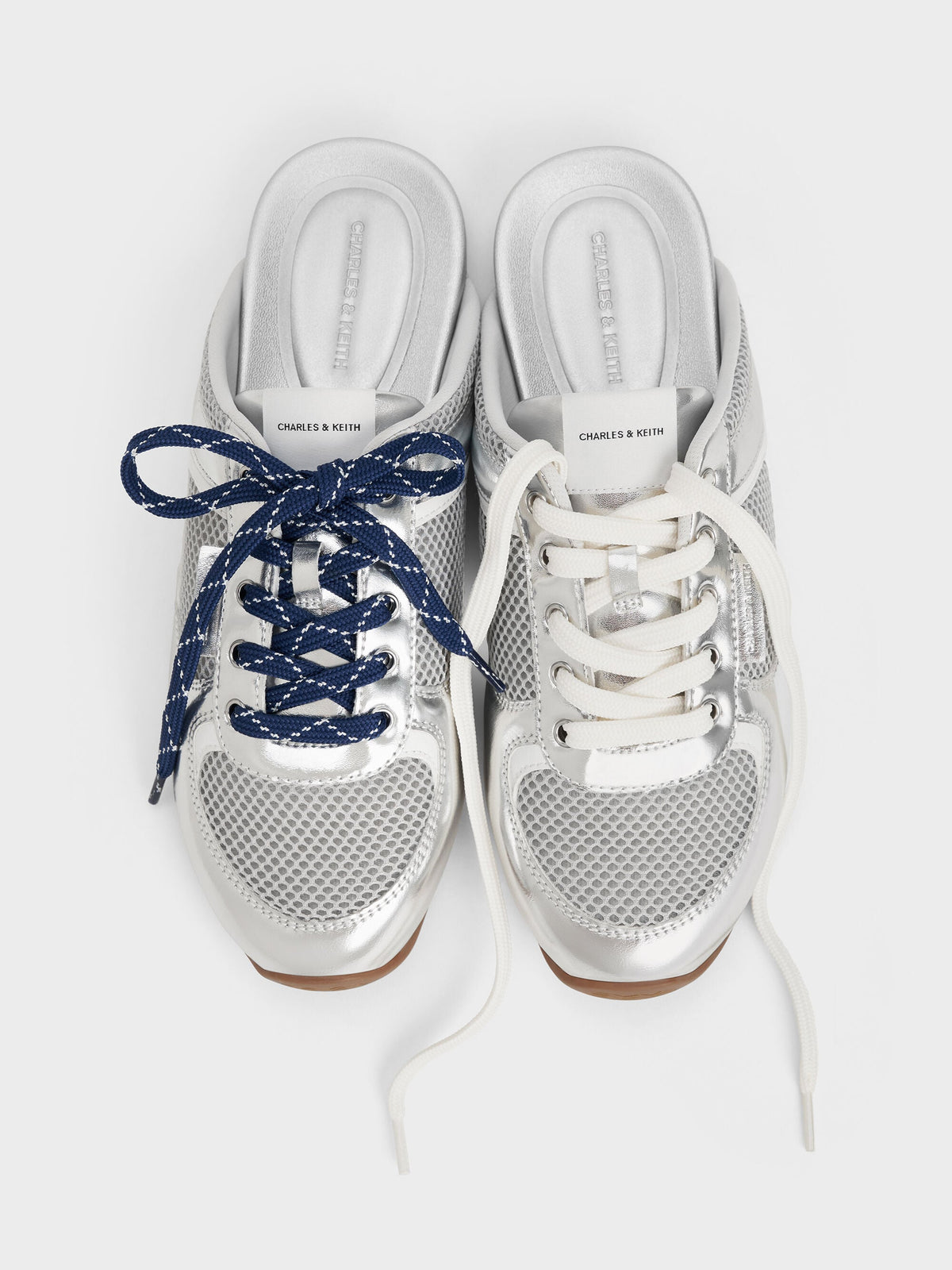CHARLES & KEITH Premium | Metallic Mesh Lace-Up Sneaker Mules - Silver