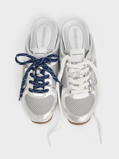 CHARLES & KEITH Premium | Metallic Mesh Lace-Up Sneaker Mules - Silver
