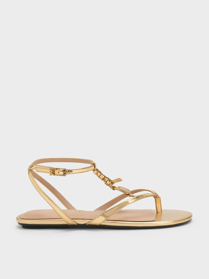 CHARLES & KEITH Best Seller | Adema Metallic Leather Strappy Thong Sandals - Gold