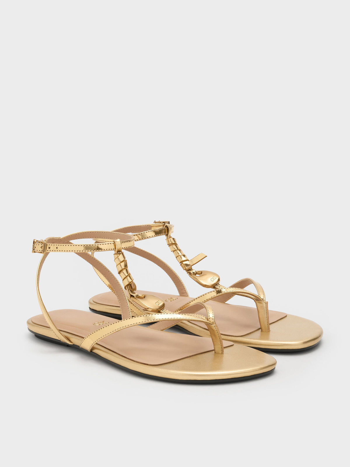 CHARLES & KEITH Best Seller | Adema Metallic Leather Strappy Thong Sandals - Gold