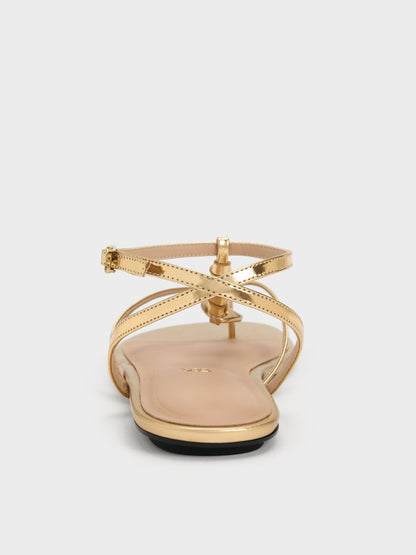 CHARLES & KEITH Best Seller | Adema Metallic Leather Strappy Thong Sandals - Gold