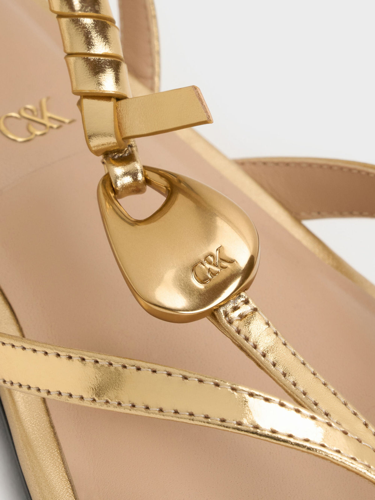 CHARLES & KEITH Best Seller | Adema Metallic Leather Strappy Thong Sandals - Gold