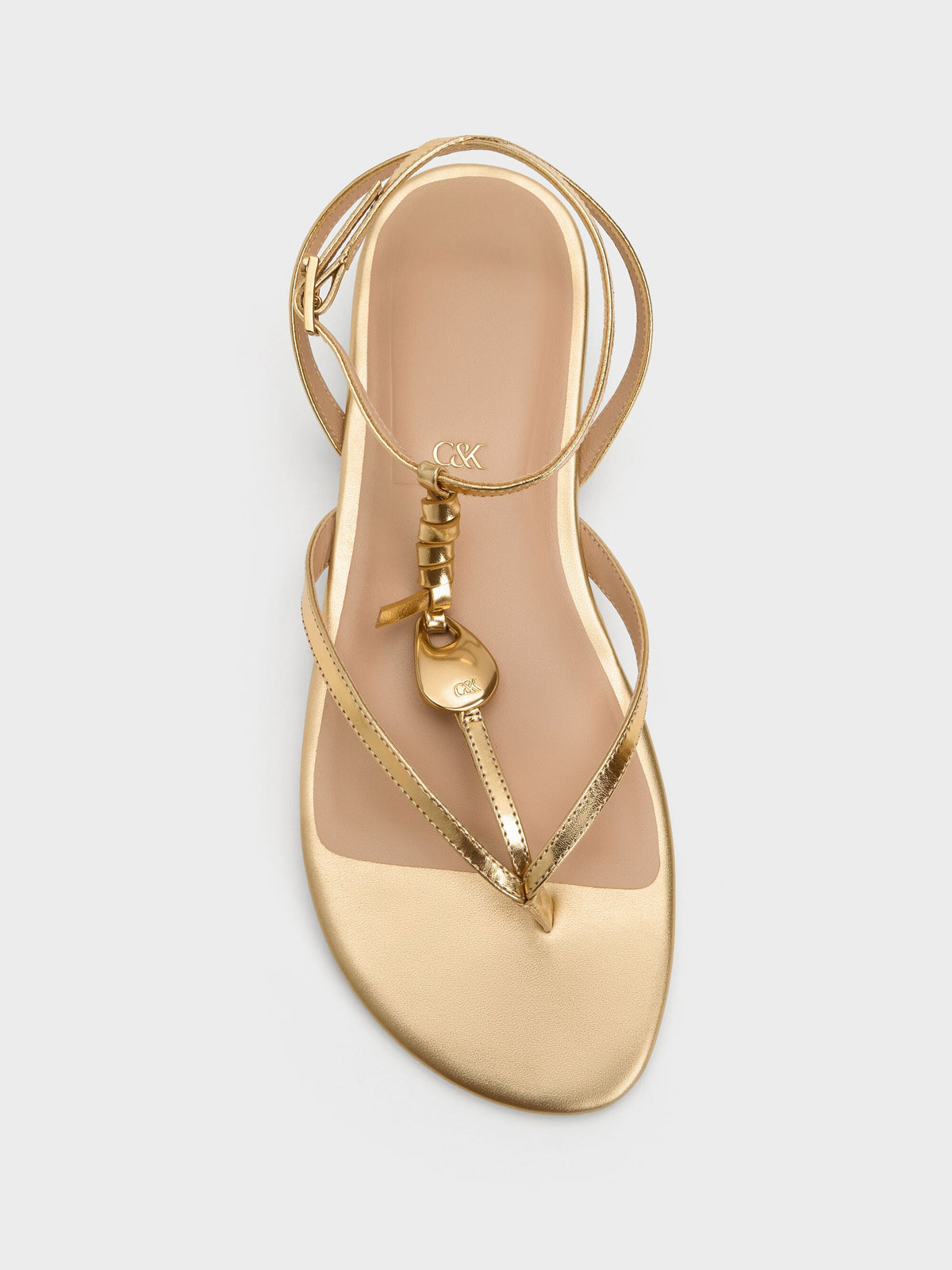 CHARLES & KEITH Best Seller | Adema Metallic Leather Strappy Thong Sandals - Gold