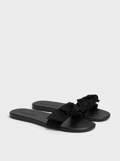 CHARLES & KEITH Featured | Anika Faux Suede Knot-Bow Slides - Black Textured
