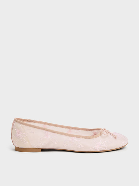 CHARLES & KEITH Trending | Embroidered-Mesh Bow Ballet Flats - Light Pink