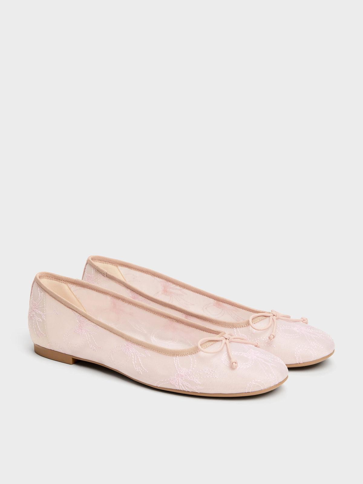 CHARLES & KEITH Trending | Embroidered-Mesh Bow Ballet Flats - Light Pink