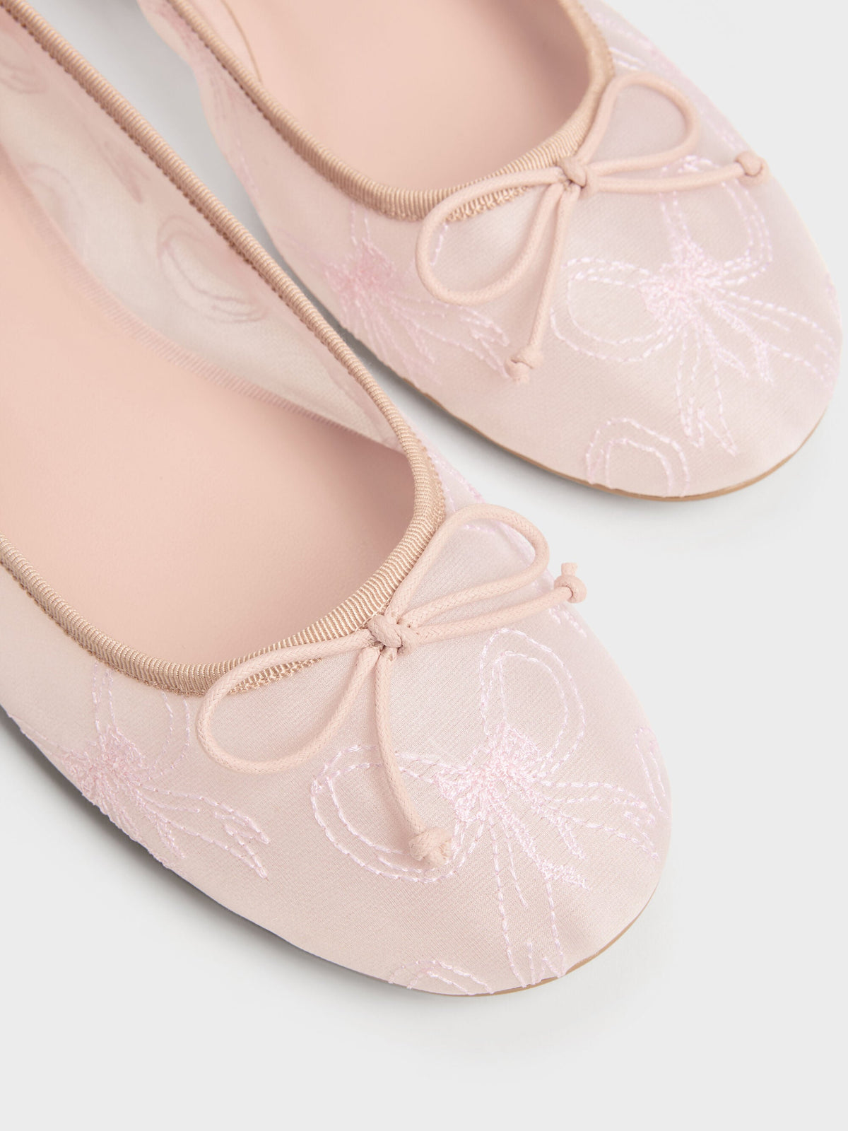 CHARLES & KEITH Trending | Embroidered-Mesh Bow Ballet Flats - Light Pink