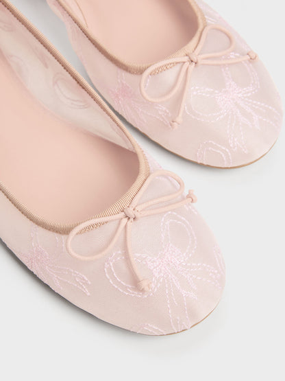 CHARLES & KEITH Trending | Embroidered-Mesh Bow Ballet Flats - Light Pink