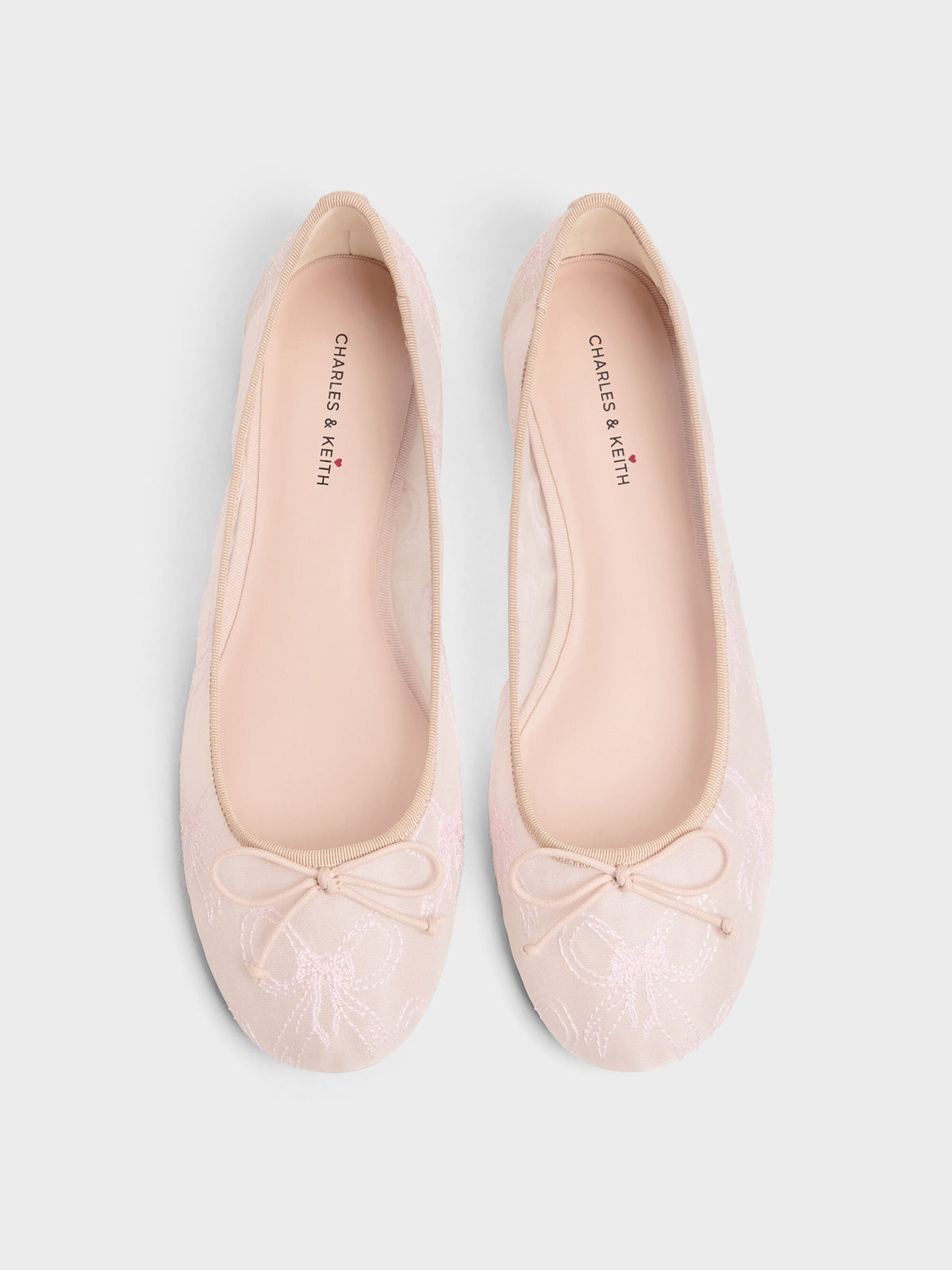 CHARLES & KEITH Trending | Embroidered-Mesh Bow Ballet Flats - Light Pink