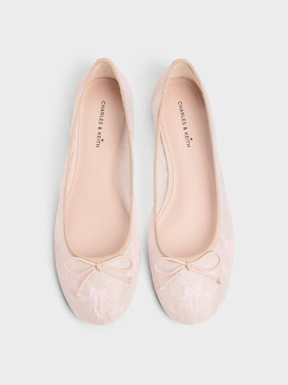 CHARLES & KEITH Trending | Embroidered-Mesh Bow Ballet Flats - Light Pink