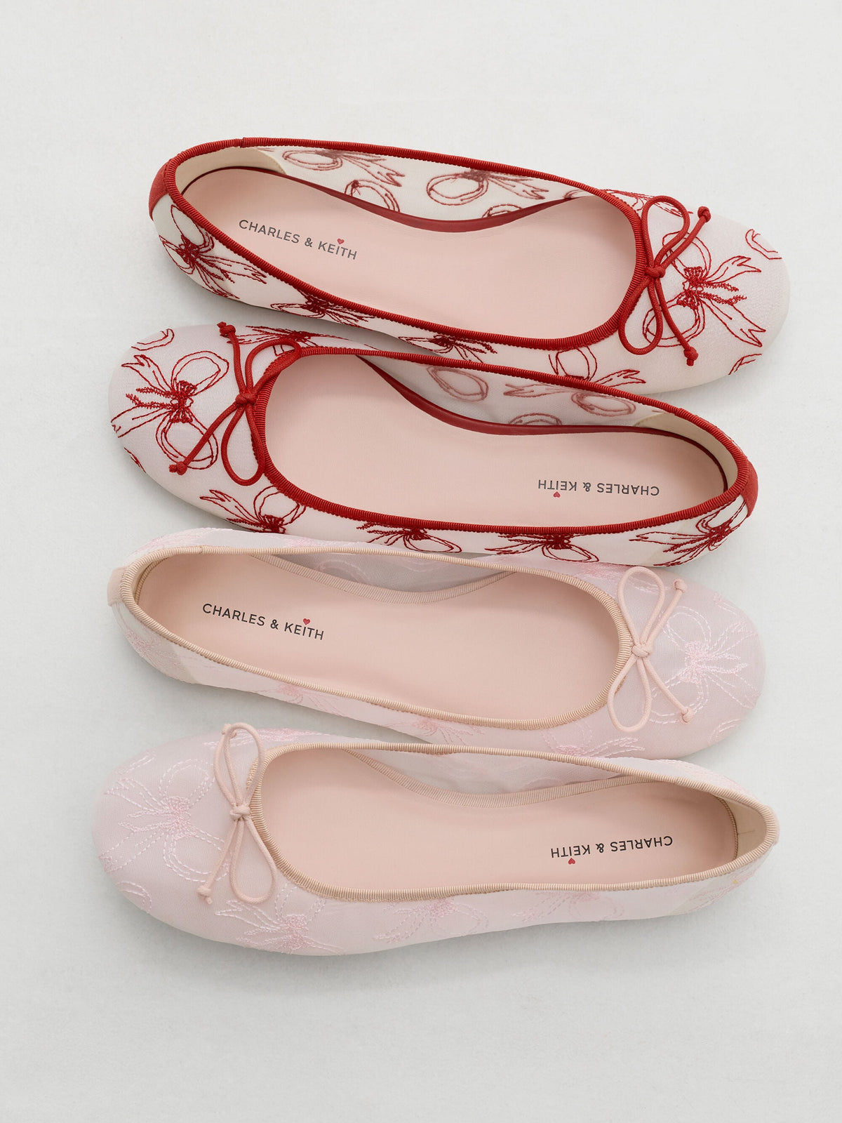 CHARLES & KEITH Trending | Embroidered-Mesh Bow Ballet Flats - Light Pink