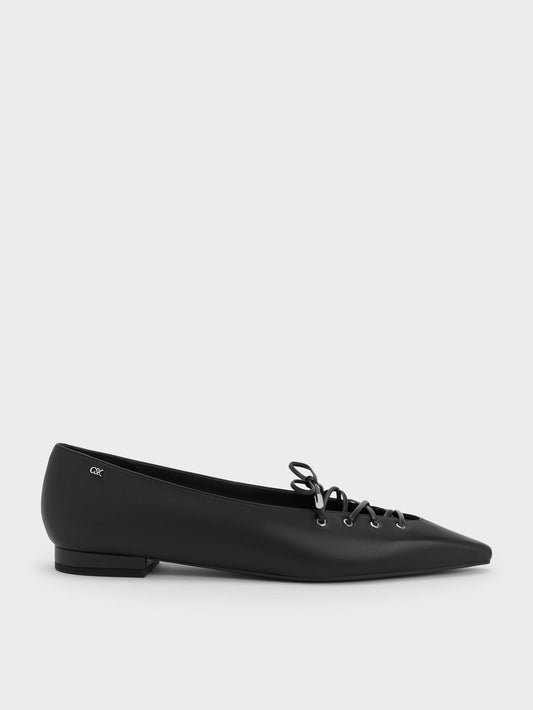 CHARLES & KEITH Top Pick | Jianna Leather Lace-Tie Flats - Black