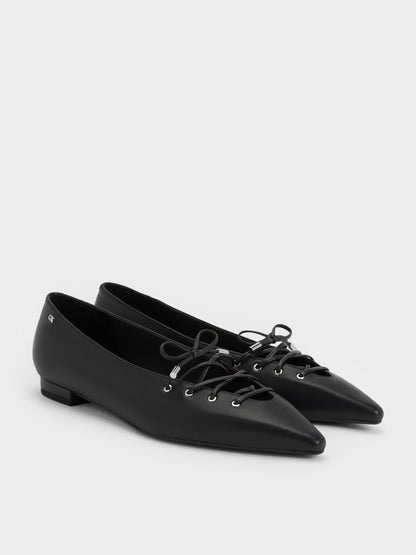 CHARLES & KEITH Top Pick | Jianna Leather Lace-Tie Flats - Black