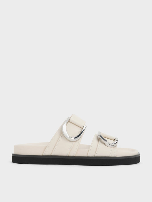 CHARLES & KEITH Everyday | Gabine Silver-Buckle Leather Slides - Chalk