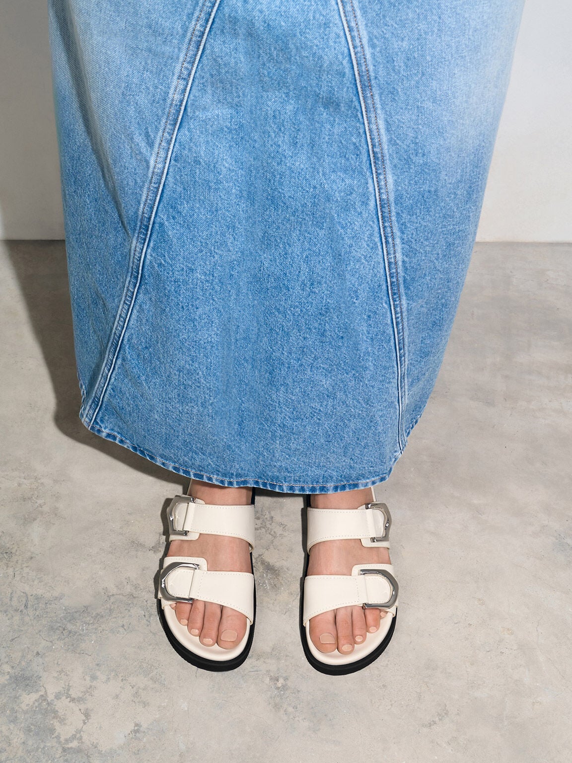 CHARLES & KEITH Everyday | Gabine Silver-Buckle Leather Slides - Chalk