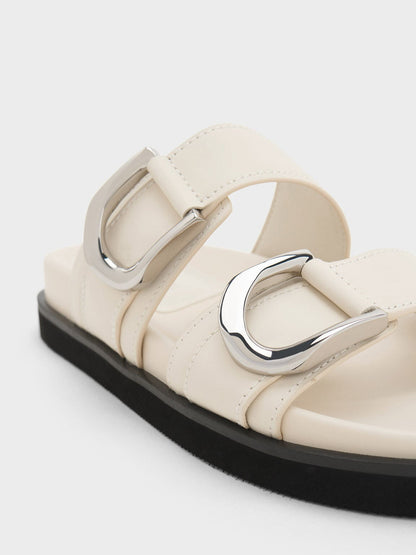 CHARLES & KEITH Everyday | Gabine Silver-Buckle Leather Slides - Chalk