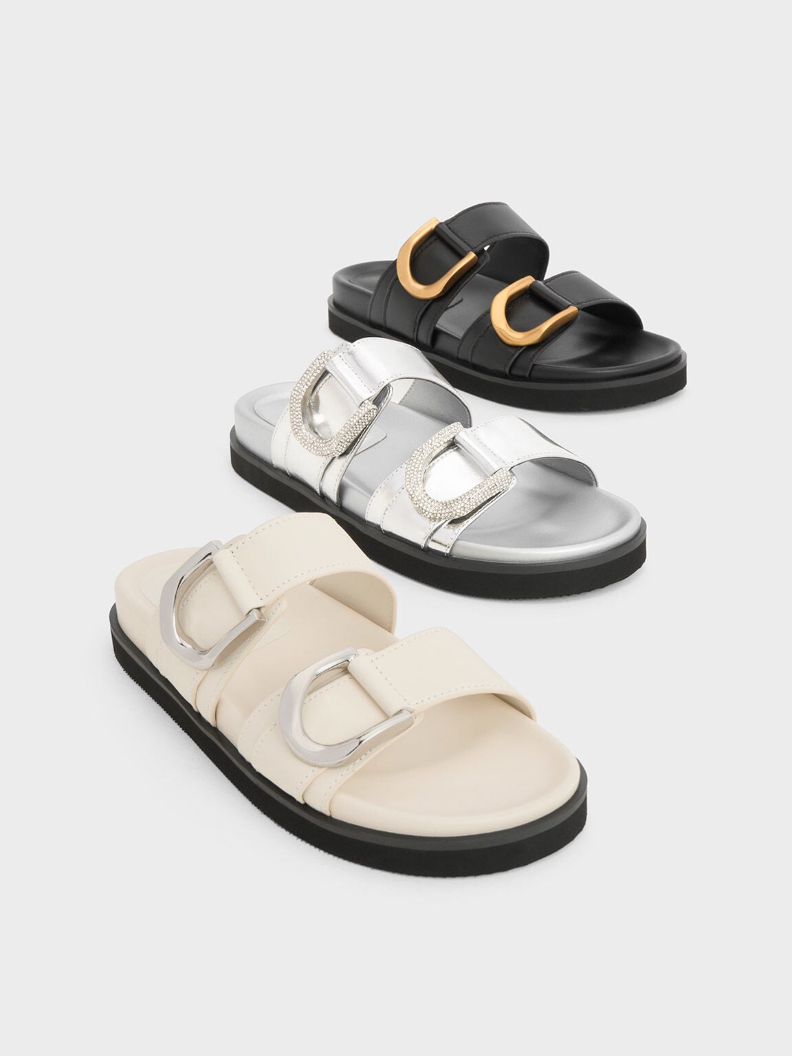 CHARLES & KEITH Everyday | Gabine Silver-Buckle Leather Slides - Chalk