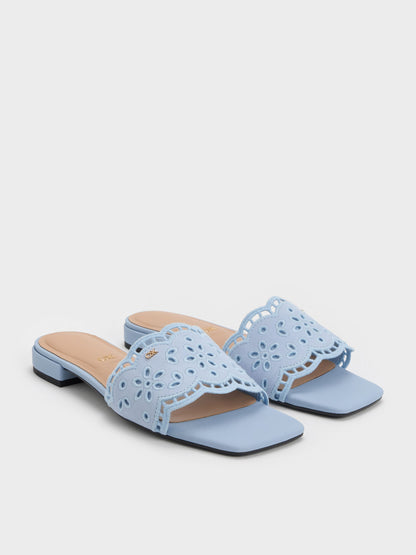 CHARLES & KEITH Trending | Leather Embroidered Slide Sandals - Light Blue