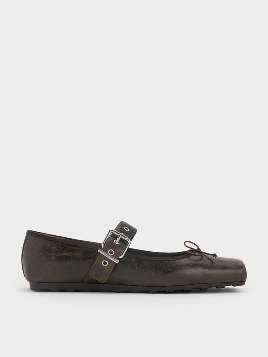 CHARLES & KEITH Top Pick | Myler Crinkle-Effect Bow Mary Janes - Dark Brown