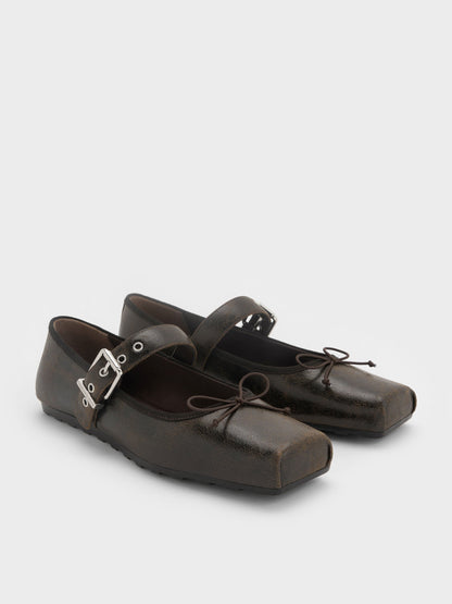 CHARLES & KEITH Top Pick | Myler Crinkle-Effect Bow Mary Janes - Dark Brown