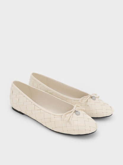 CHARLES & KEITH Essential | Ivette Woven Bow Ballet Flats - Chalk