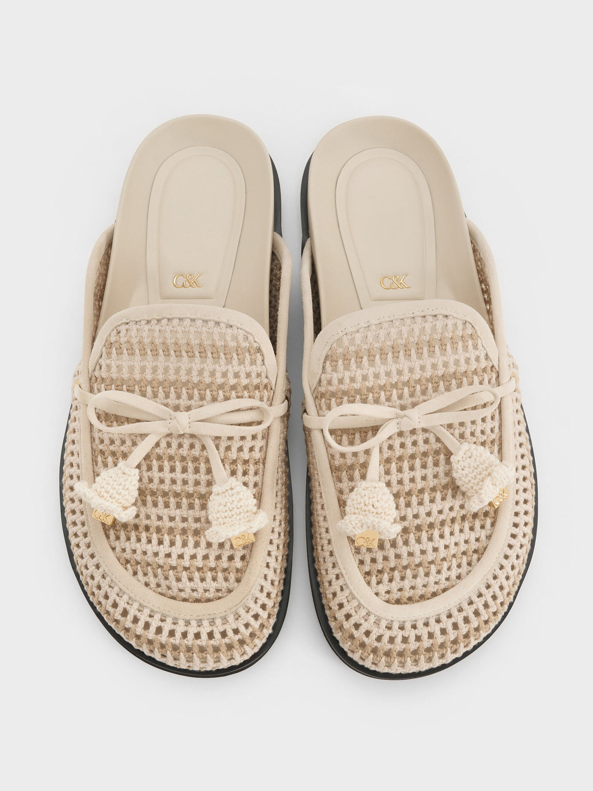 CHARLES & KEITH Essential | Crochet & Suede Flower Mules - Chalk
