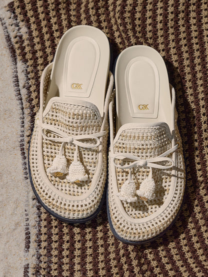 CHARLES & KEITH Essential | Crochet & Suede Flower Mules - Chalk