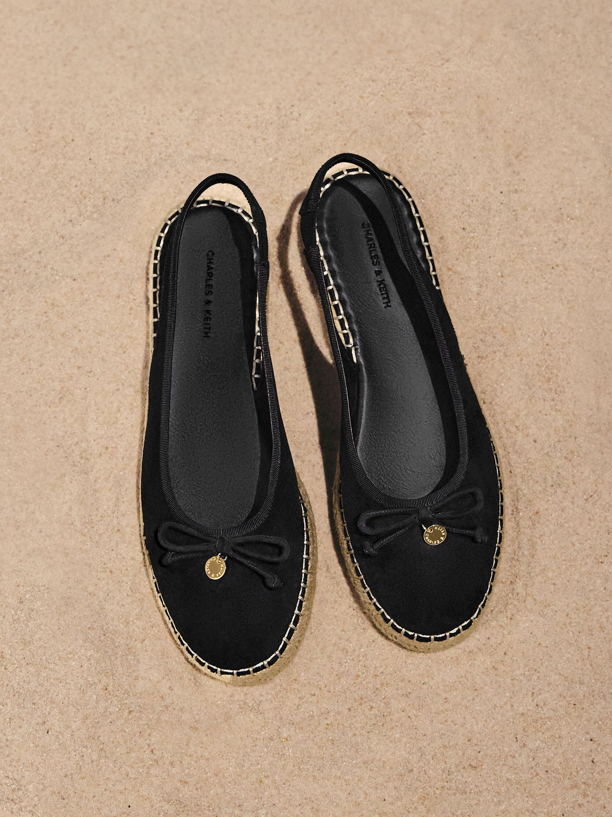 CHARLES & KEITH Popular | Faux Suede Bow Slingback Espadrilles - Black Textured