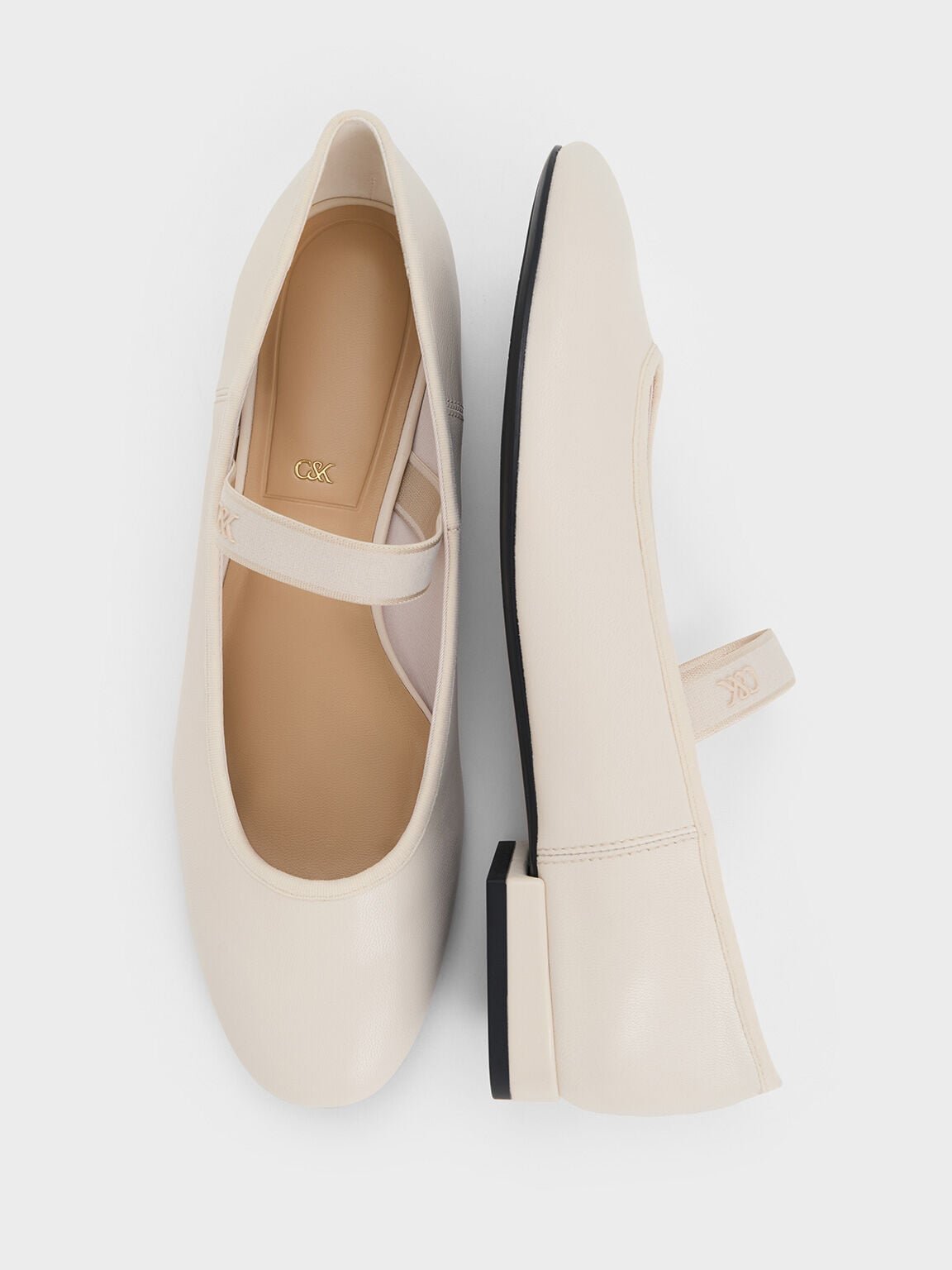 CHARLES & KEITH Customer Favorite | Leather Mary Jane Flats - Chalk