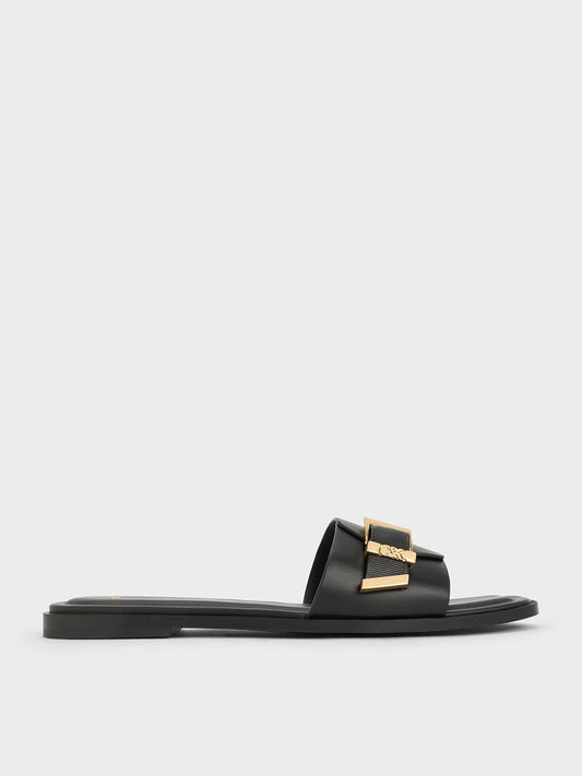 CHARLES & KEITH Deals | Whitney Leather Slide Sandals - Black