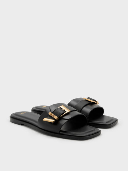 CHARLES & KEITH Deals | Whitney Leather Slide Sandals - Black