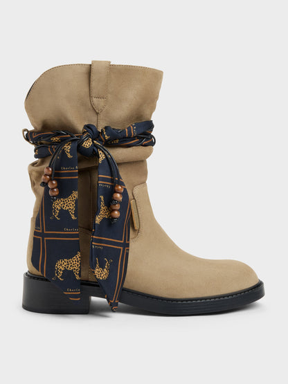 CHARLES & KEITH Value | Faux Suede Printed-Scarf Calf Boots - Khaki