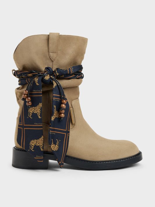 CHARLES & KEITH Value | Faux Suede Printed-Scarf Calf Boots - Khaki