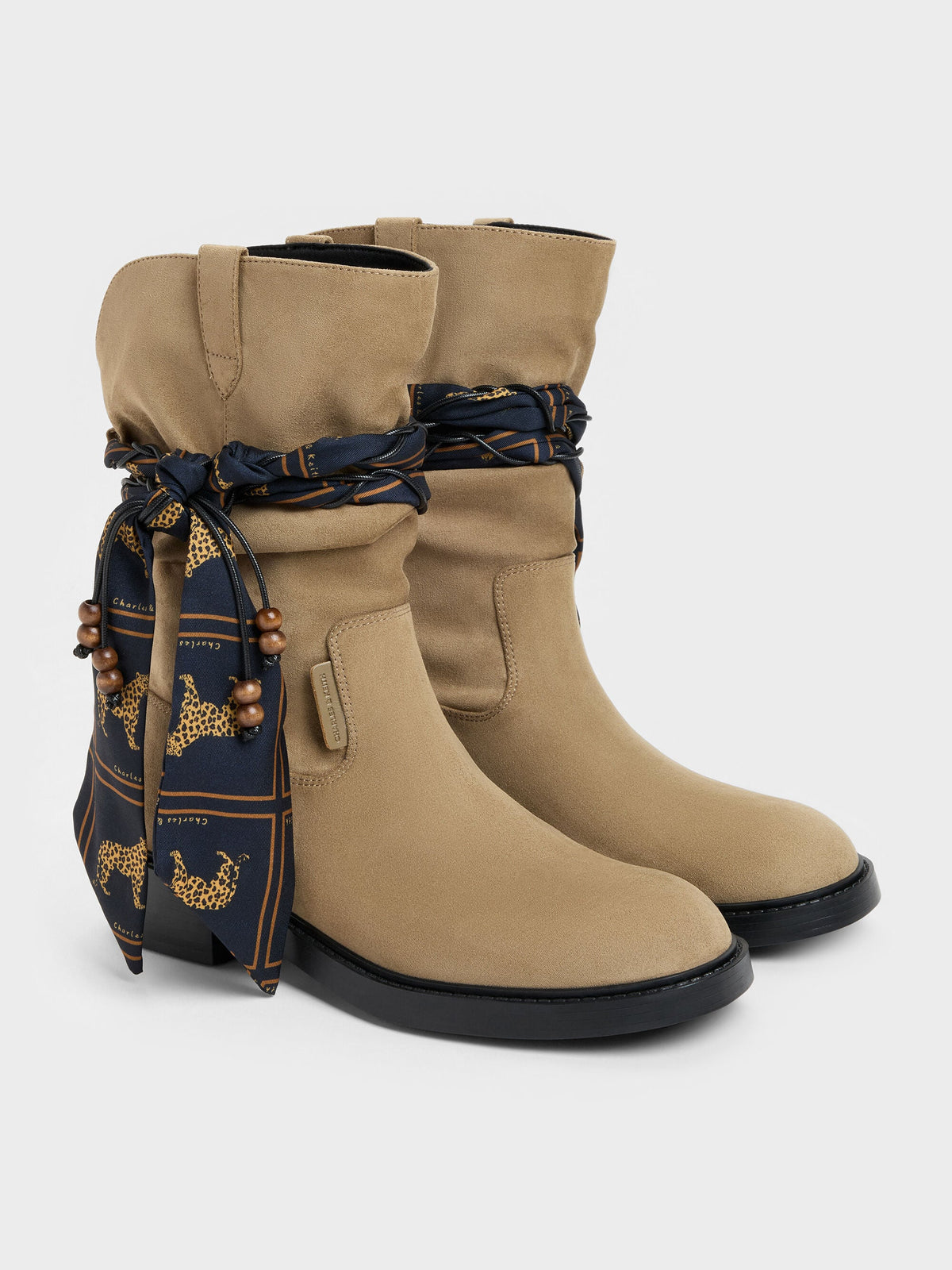 CHARLES & KEITH Value | Faux Suede Printed-Scarf Calf Boots - Khaki