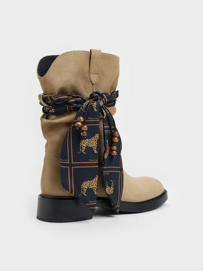 CHARLES & KEITH Value | Faux Suede Printed-Scarf Calf Boots - Khaki