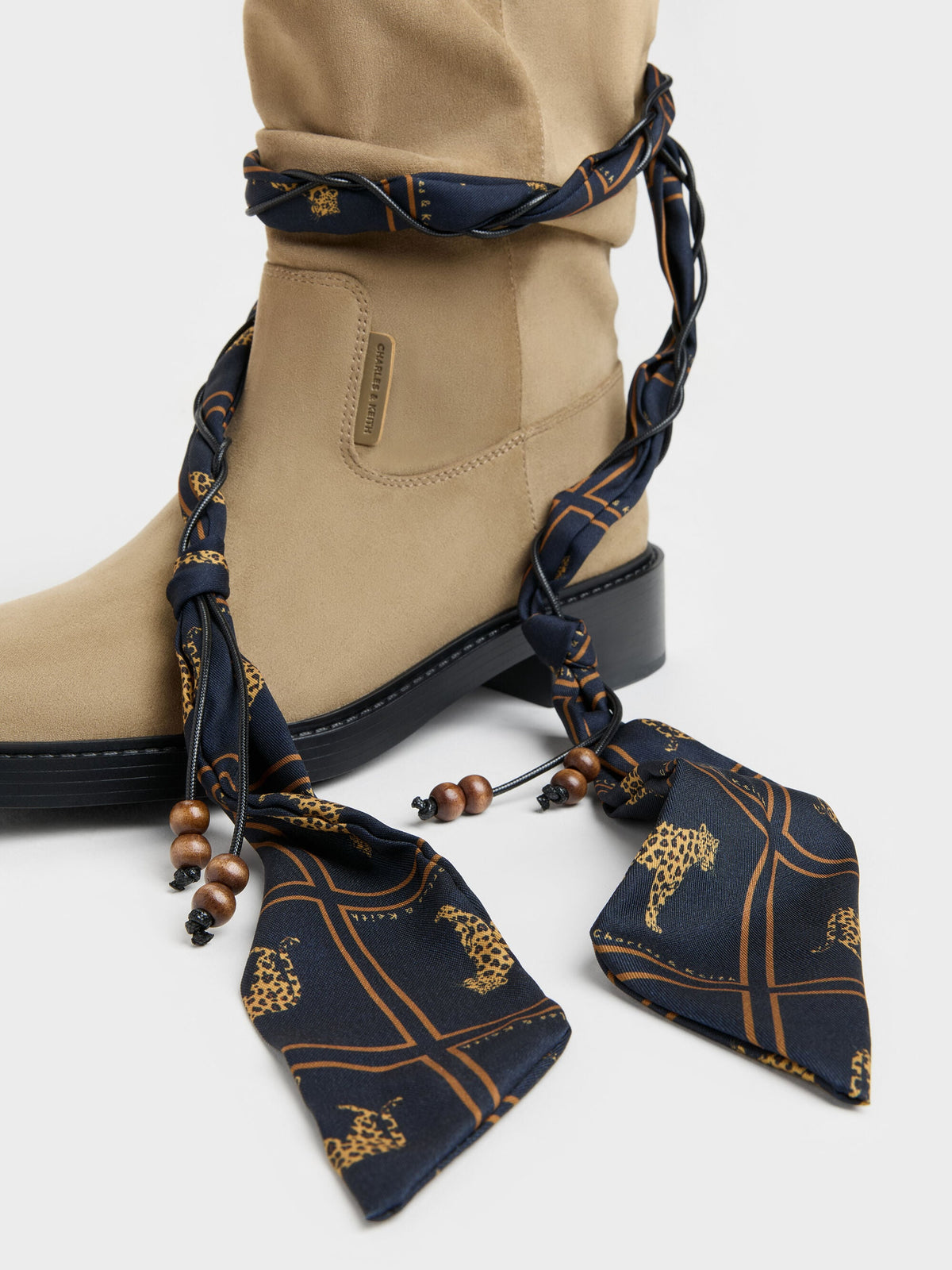 CHARLES & KEITH Value | Faux Suede Printed-Scarf Calf Boots - Khaki