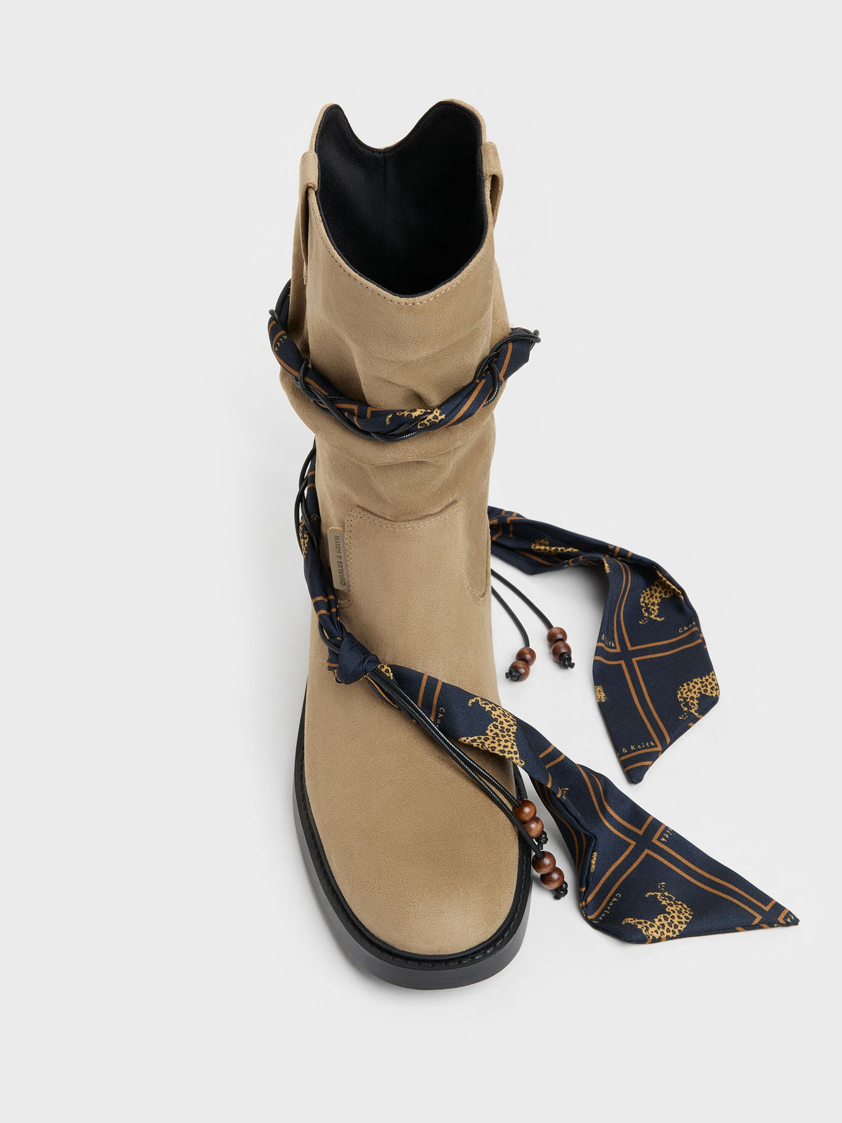 CHARLES & KEITH Value | Faux Suede Printed-Scarf Calf Boots - Khaki