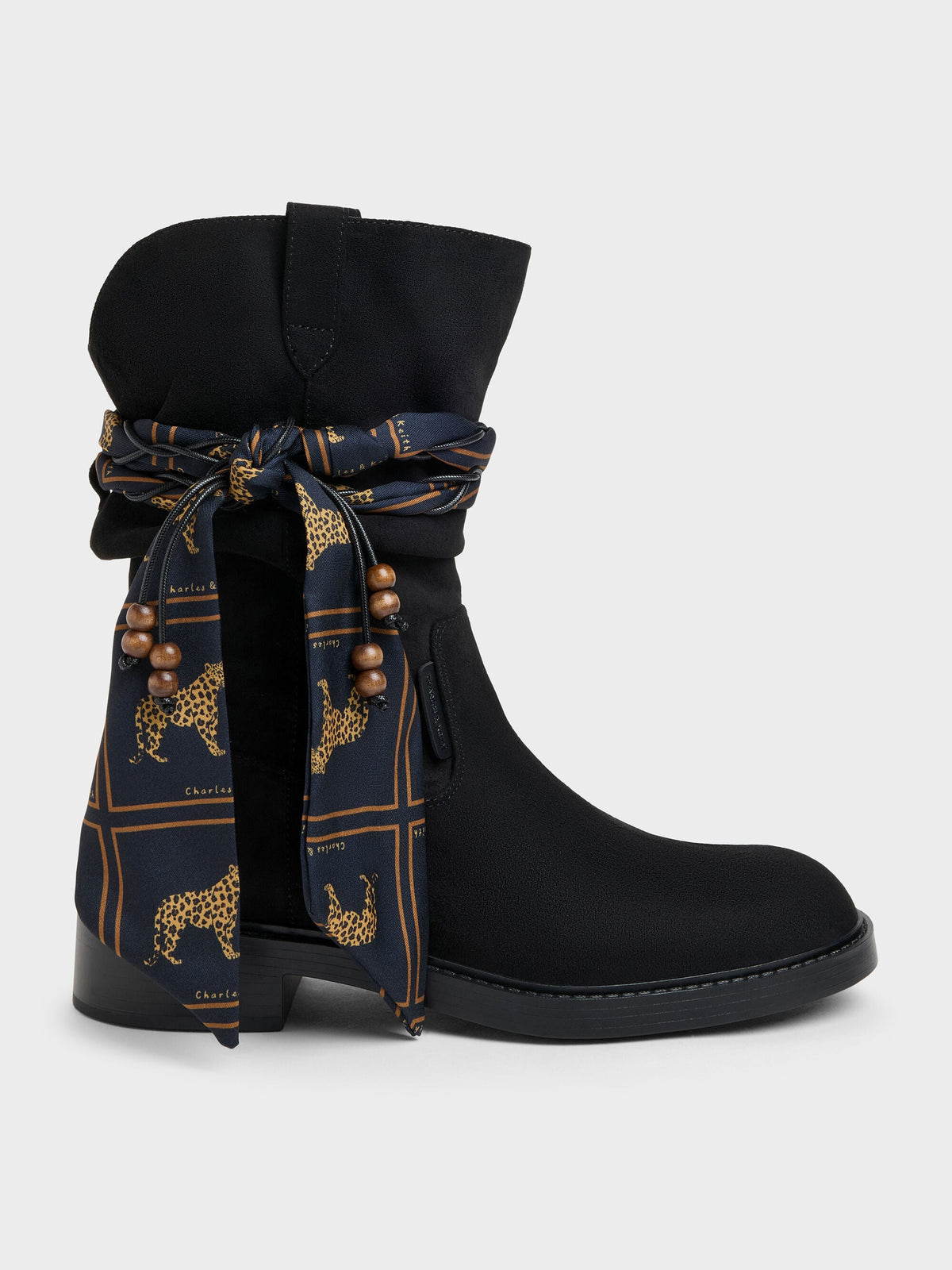 CHARLES & KEITH Trending | Faux Suede Printed-Scarf Calf Boots - Black Textured