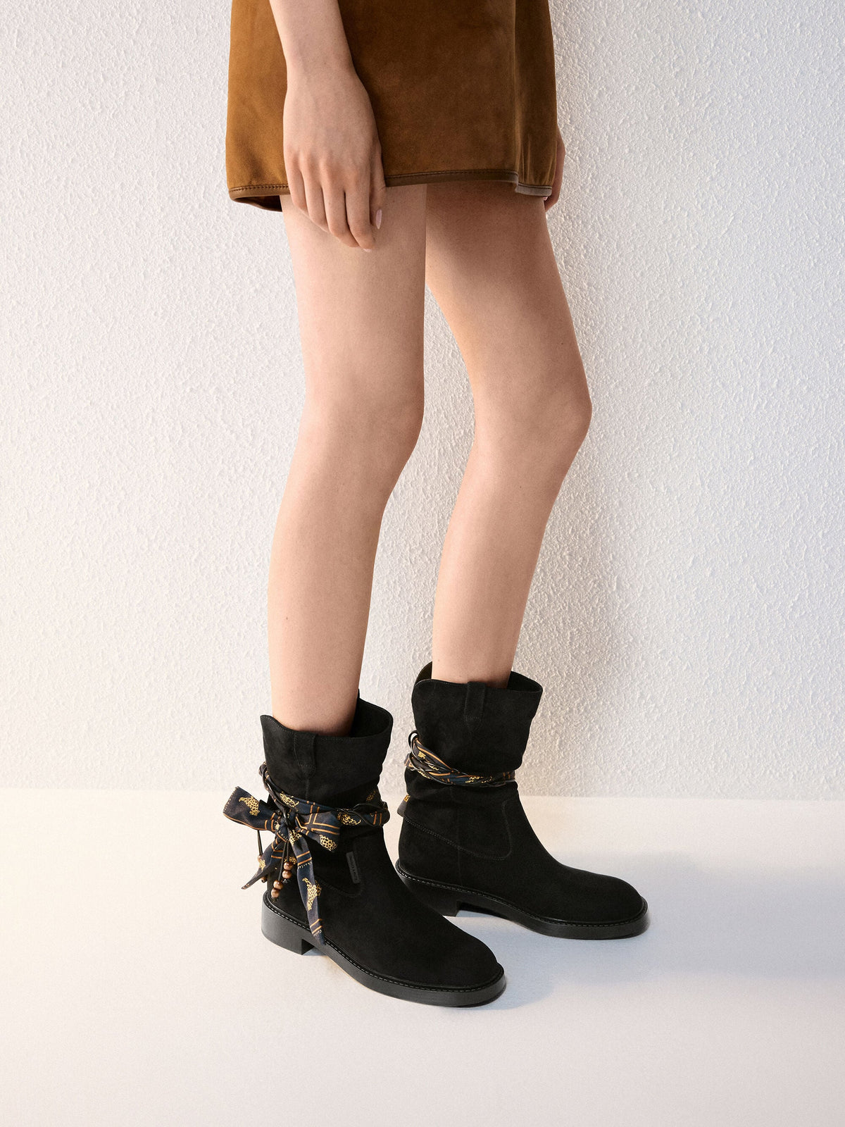 CHARLES & KEITH Trending | Faux Suede Printed-Scarf Calf Boots - Black Textured