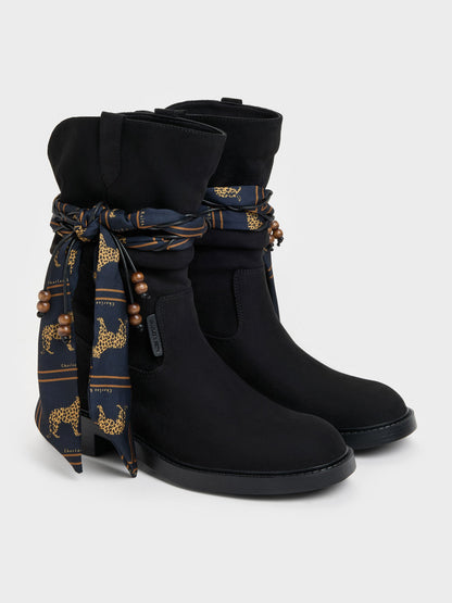 CHARLES & KEITH Trending | Faux Suede Printed-Scarf Calf Boots - Black Textured