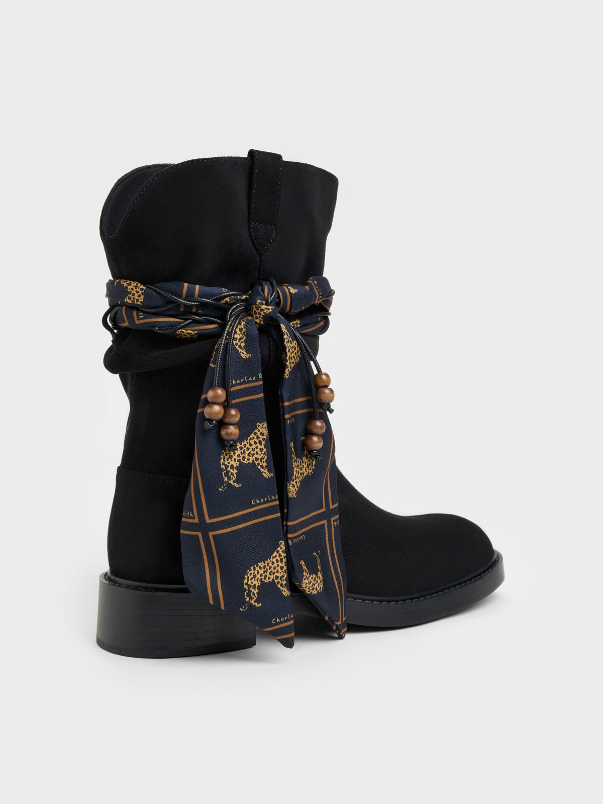 CHARLES & KEITH Trending | Faux Suede Printed-Scarf Calf Boots - Black Textured