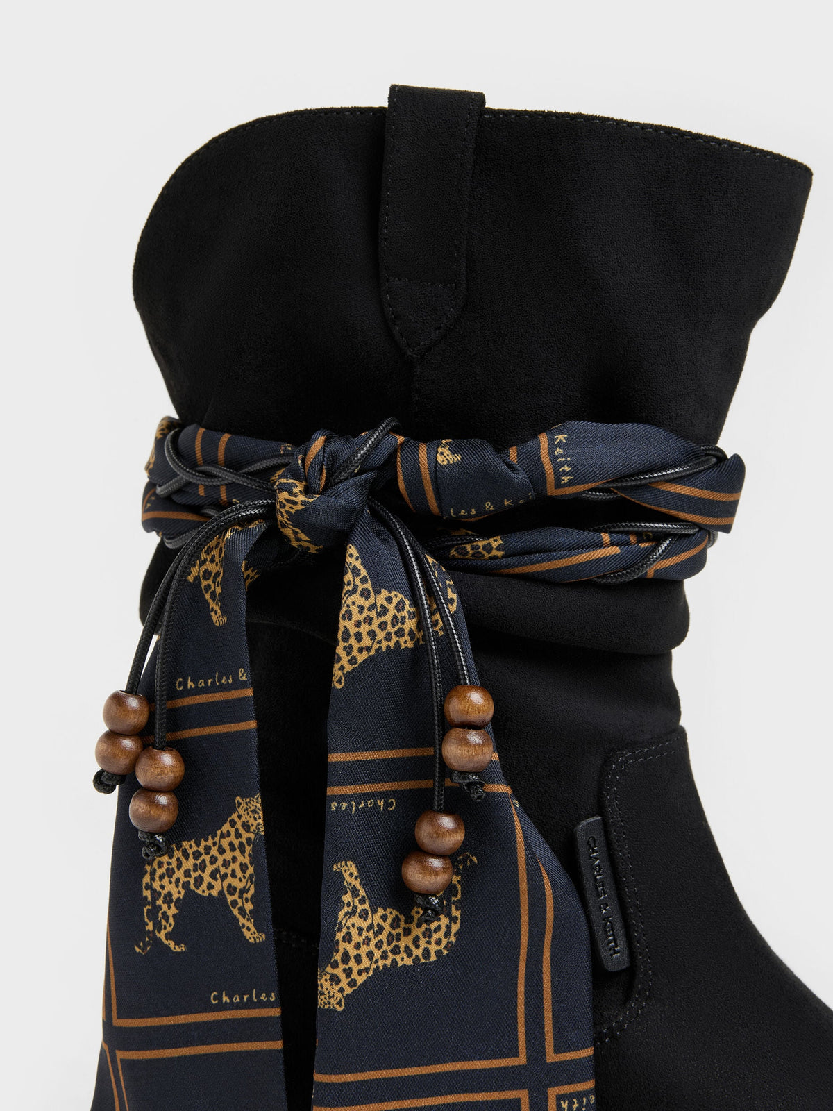 CHARLES & KEITH Trending | Faux Suede Printed-Scarf Calf Boots - Black Textured