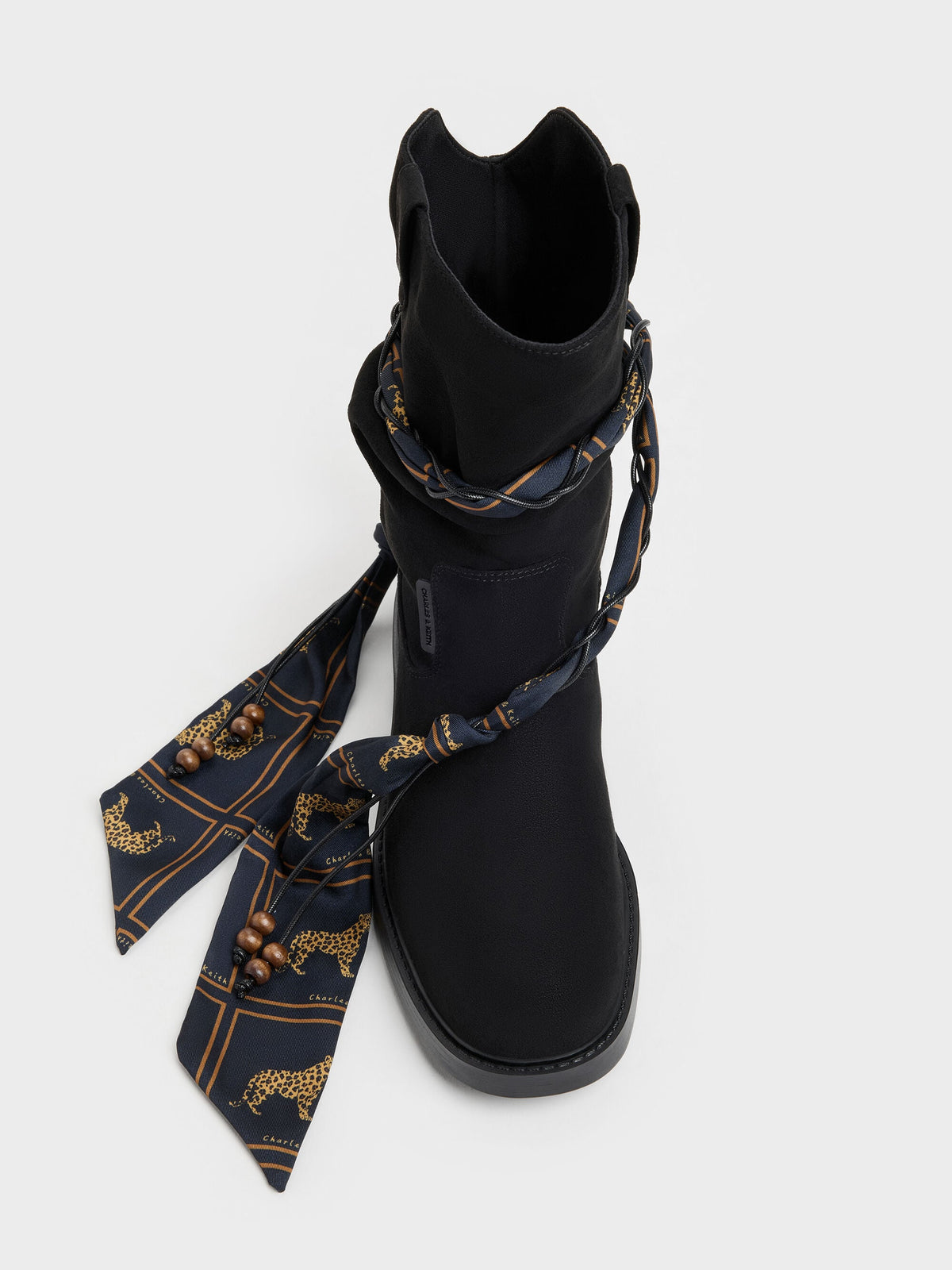 CHARLES & KEITH Trending | Faux Suede Printed-Scarf Calf Boots - Black Textured