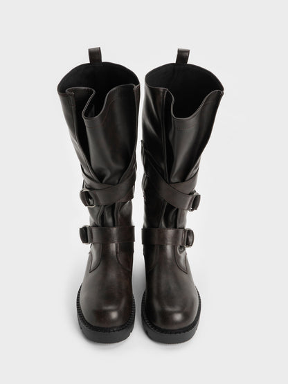 CHARLES & KEITH Discount | Double-Strap Knee-High Boots - Dark Brown