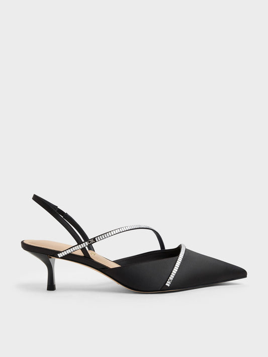 CHARLES & KEITH Signature | Gem Slingback Kitten Heels - Black Textured