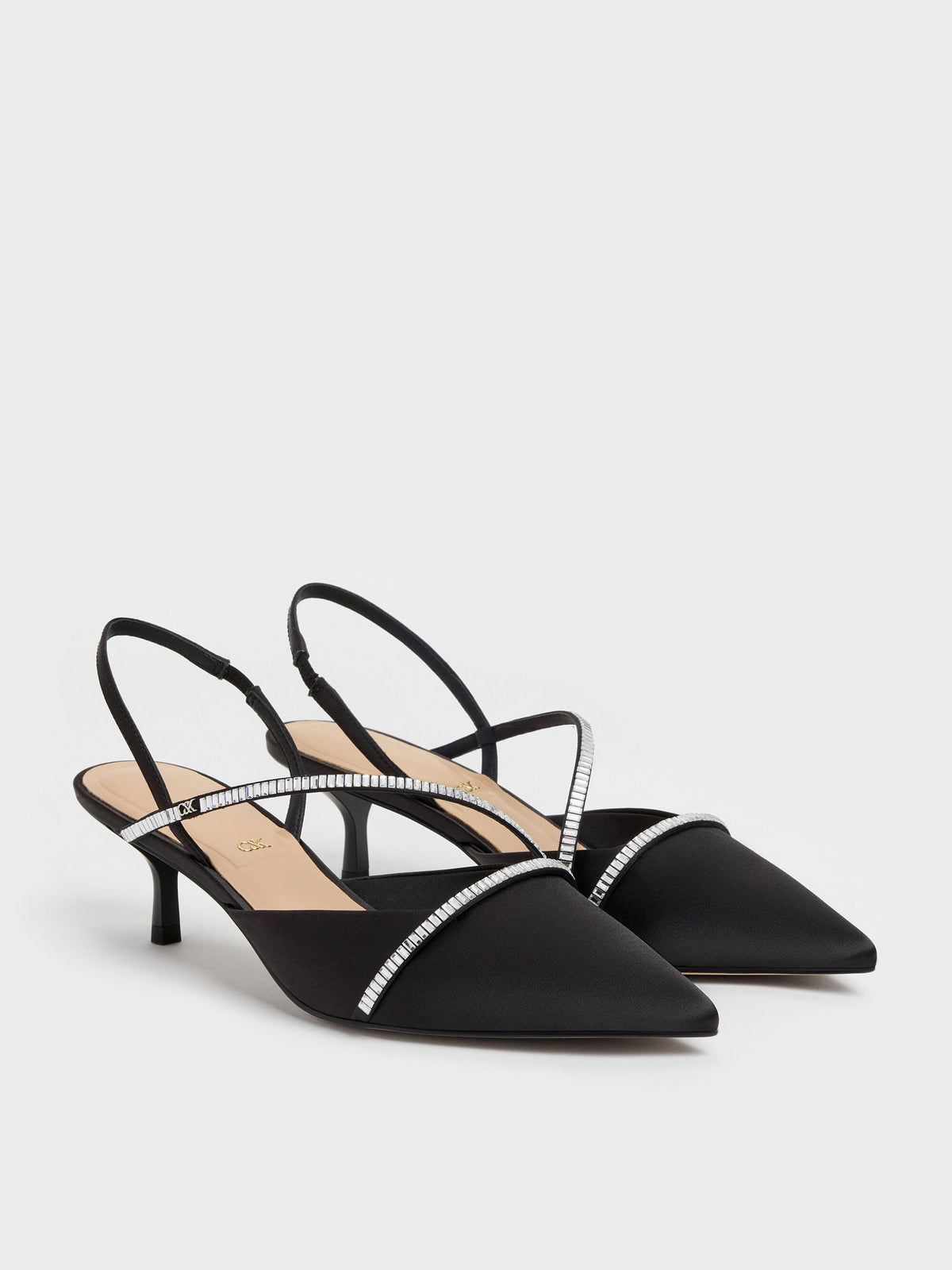 CHARLES & KEITH Signature | Gem Slingback Kitten Heels - Black Textured
