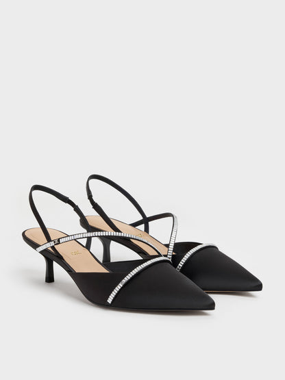 CHARLES & KEITH Signature | Gem Slingback Kitten Heels - Black Textured