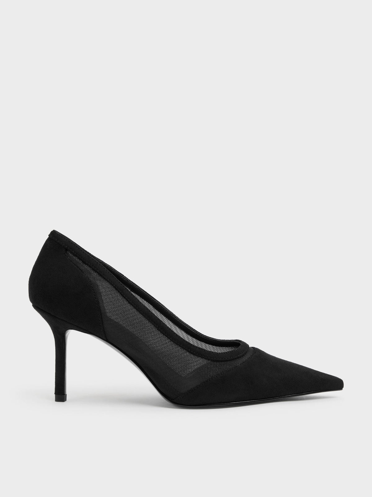 CHARLES & KEITH Best Seller | Faux Suede & Mesh Pointed Pumps - Black Textured