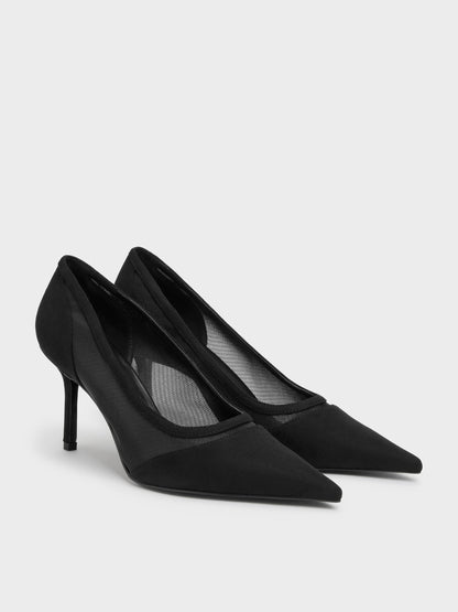 CHARLES & KEITH Best Seller | Faux Suede & Mesh Pointed Pumps - Black Textured